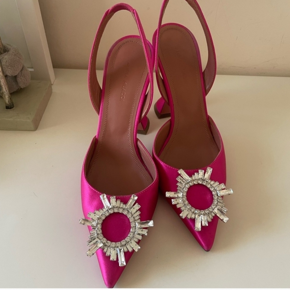 Amina Muaddi Elegant Pink Satin Slingback Heels